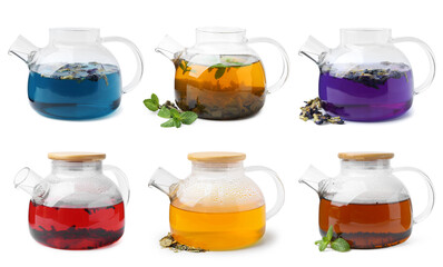 Different types of tea in glass teapots isolated on white, set