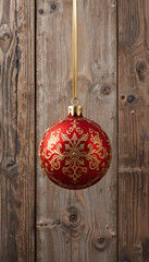 Red christmas ornament hanging on tree branch with rustic wooden background

