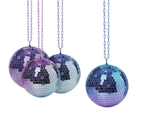 Different shiny disco balls on white background