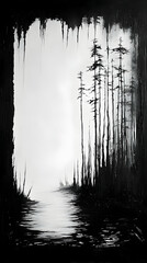 A grayscale landscape painting depicts a serene, shadowy forest path