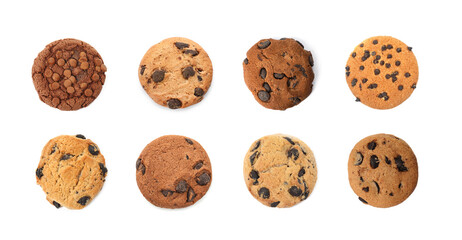 Yummy chocolate chip cookies isolated on white, set