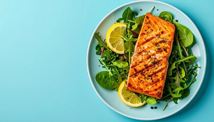 Grilled Salmon with Fresh Greens and Lemon Slices on Blue