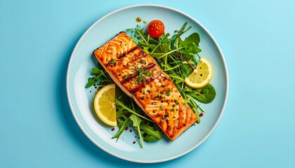 Grilled Salmon Fillet with Arugula and Lemon on Blue Plate
