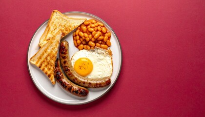 Classic English Breakfast: Toast, Beans, Egg, and Sausage on Red