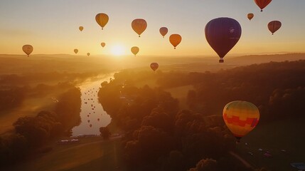 Obraz premium Hot air balloons ascending over a river at sunrise