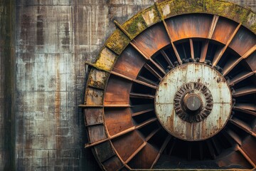 Fototapeta premium A rusty, industrial wheel with moss growth is attached to a weathered concrete structure, conveying age and decay.