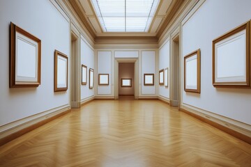 Fototapeta premium Showcase of Art: An Array of Blank Gallery Frames Displayed in a Modern Museum Interior