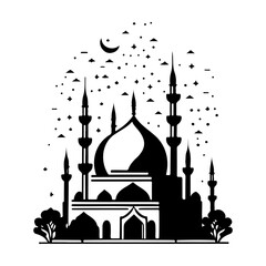 Minimalist black and white mosque illustration with celestial elements design