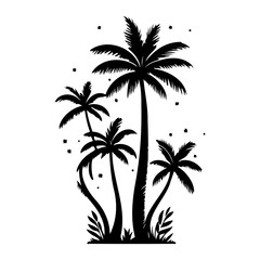 Black and white silhouette of a tropical palm tree grove against a plain backdrop