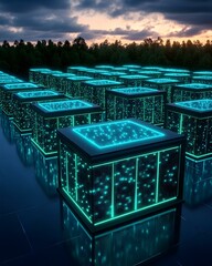 Futuristic energy storage technology system with glowing data boxes, advanced energy storage technology in smart grid, renewable energy storage technology concept visualization