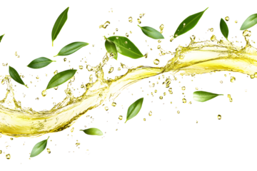 Golden oil splash with floating green tea leaves on a transparent background in high resolution with dynamic liquid motion