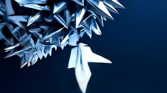 Sharp metallic heart made of chaotic chrome shards floats in deep blue void, suspended in cold abstract space with futuristic precision. Concept of emotional fragmentation and digital surrealism