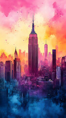 Obraz premium Vibrant cityscape with iconic New York skyscraper. Colorful, artistic depiction of city skyline