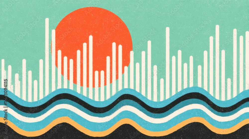 Poster abstract retro illustration of waves, sun and vertical lines in a textured style