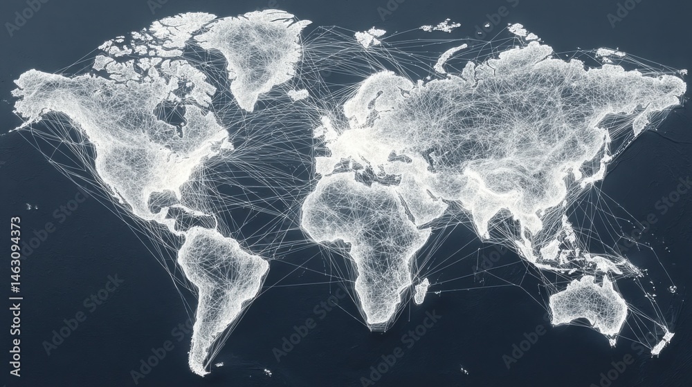 Poster Abstract white world map with connecting lines on a dark blue background