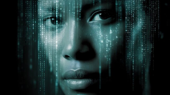 Woman's face overlaid with digital code cascading down, a modern surreal portrait