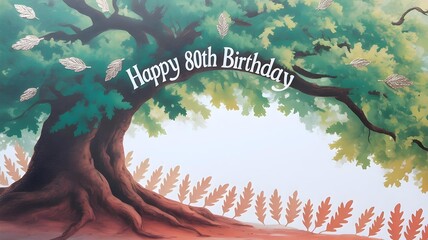 an 80th birthday card, depicting a majestic tree in lush green colors, a symbol of longevity and wisdom acquired over the decades