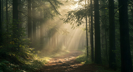 Fototapeta premium Sunlit Forest Path Through An Enchanted Woodland Realm At Sunrise