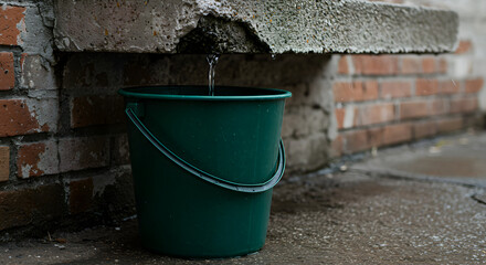 Collecting Drips A Green Bucket Catches Water From Damaged Concrete