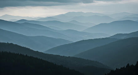 Atmospheric Mountain Ranges Ethereal Blue Landscape with Cloudy Sky