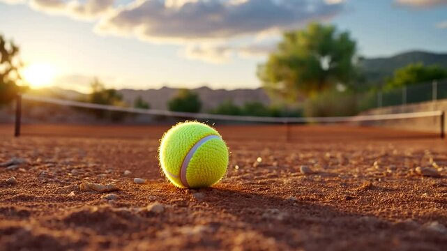 Tennis ball on clay court at sunset