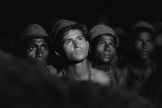 group of weary miners emerging from depths of coal mine their faces showing exhaustion and determination