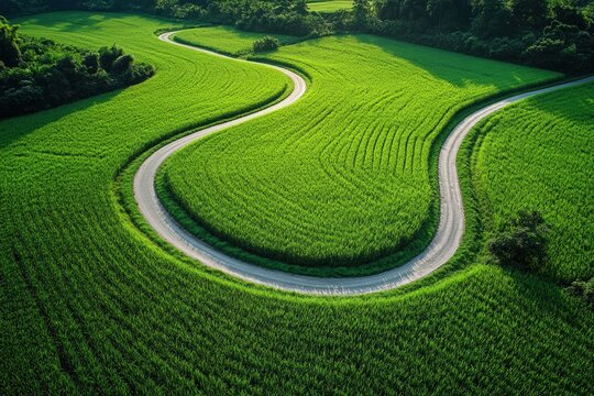 Winding road through vibrant green rice paddy fields
