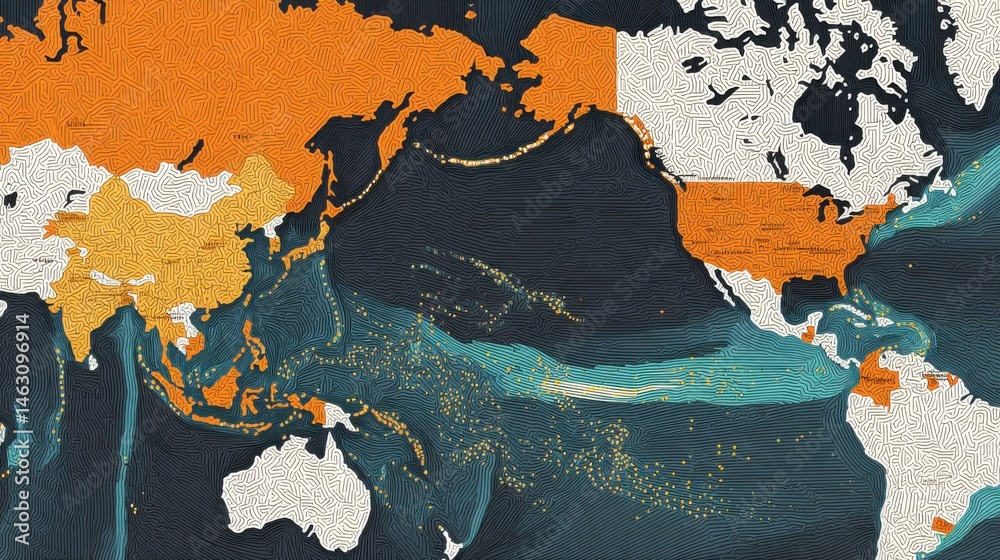 Poster artistic map of the world in a stylized graphic design with a unique perspective