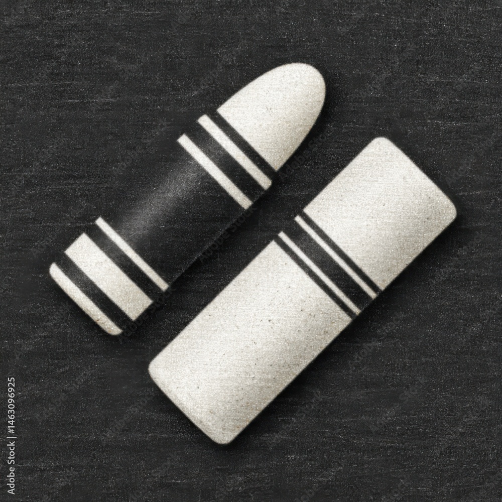 Poster artistic monochrome image of two erasers against a textured dark background.