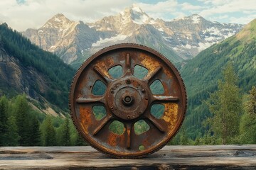 Fototapeta premium A rusty cogwheel sits on weathered wood with mountains and green valleys in the background, creating a contrasting image.
