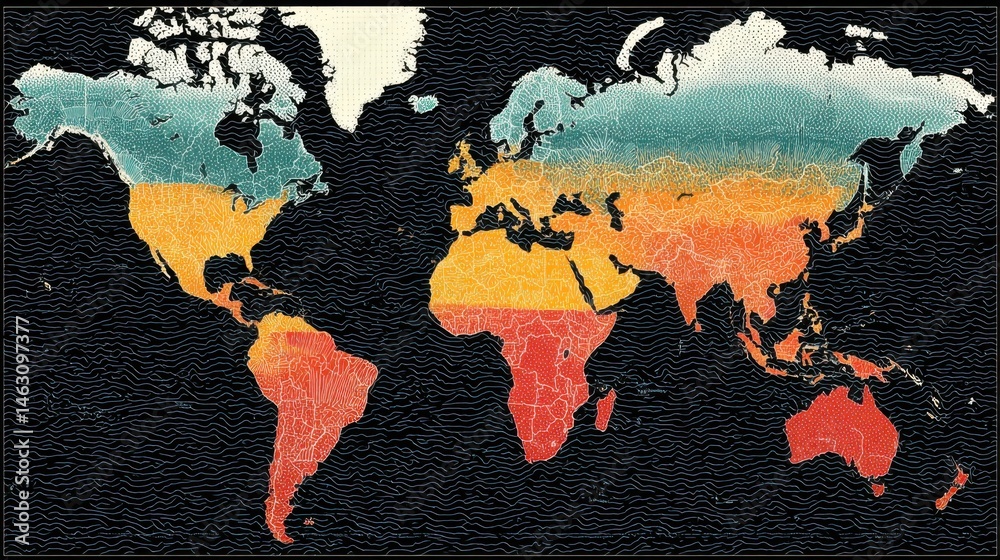 Poster artistic world map showcasing climate zones with vibrant colors and a textured style