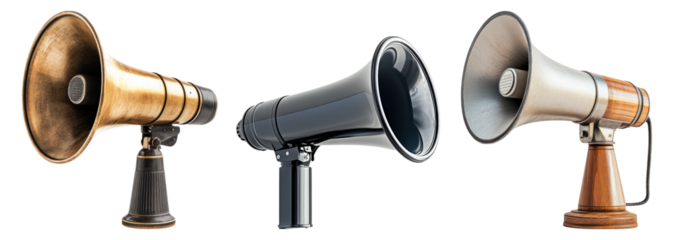 Vintage and Modern Megaphones Displayed in a Collection of Designs