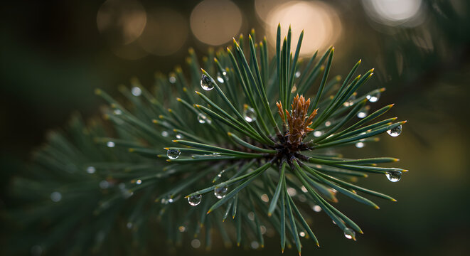 Pine Branch With Water Droplets Reflecting Light In A Calm Atmosphere
