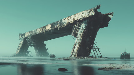 Fototapeta premium Futuristic canyon; vehicles, submerged structure, game asset. [Submerged Futures] | Tidewreck Modern | broken pylon. Illustration