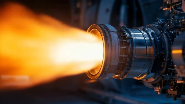 A powerful jet engine is tested, generating a massive flame and strong thrust