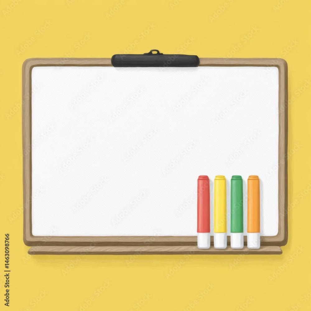 Poster blank whiteboard with colorful markers on yellow background ready for your text