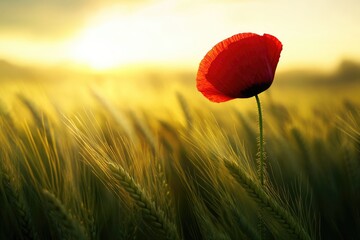 A single red poppy stands tall in a golden wheat field at sunset, radiating warmth and tranquility.