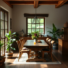 Real photo of a rustical dining room interior with a wooden table, chairs and plants