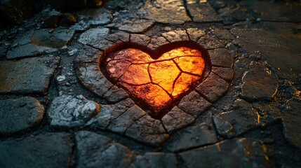 Broken heart etched in stone.  A heart-shaped cavity in rough stone, glowing with an inner light, emphasizing vulnerability and damage