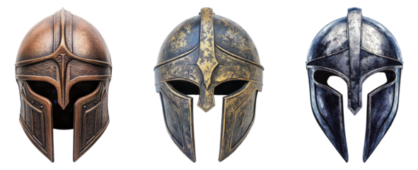 Detailed Collection of Ancient Warrior Helmets with Unique Designs Isolated Transparent Background
