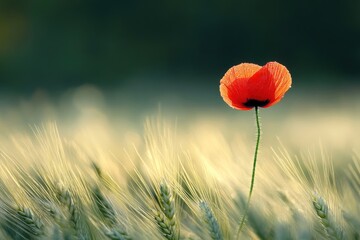 Obraz premium A single red poppy stands tall in a golden wheat field, softly illuminated against a dark background.