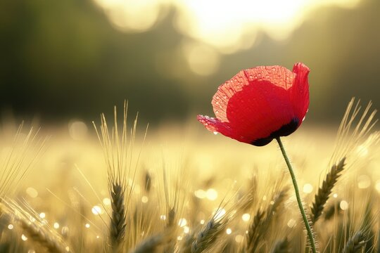 A single red poppy with dew drops stands tall in a golden wheat field under soft morning sunlight.