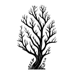Stylized silhouette of a winter tree against a stark white background