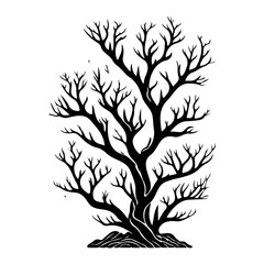 Monochrome depiction of a stark, stylized tree with intricate branching patterns
