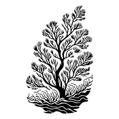 Stylized Black and White Tree Illustration with Distinct Branch Structure