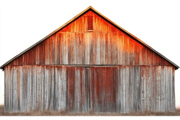 Naklejka premium A weathered, rustic barn with aged wooden planks, showcasing a faded red hue against a clear, bright backdrop.
