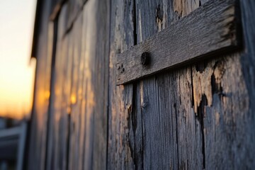 A weathered wooden door with a metal latch is illuminated by a soft, golden sunset light.