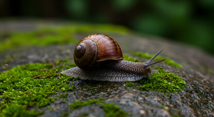 Snail Gliding On Mossy Stone In Nature's Embrace After Light Rain