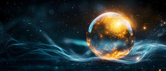 Glowing Golden Sphere In Dark Futuristic Space
