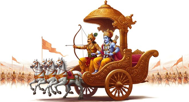 epic scene from the Mahabharata with Arjuna and Krishna on a chariot, centered on a white background
